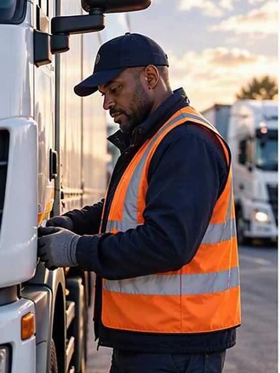 Lorry driver carrying out a vehicle check