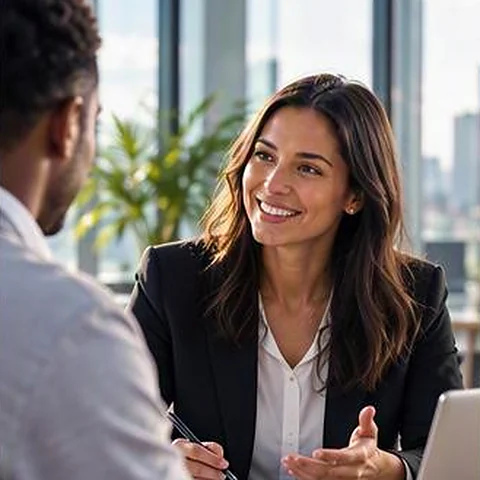 Two people talking across a desk in an office
