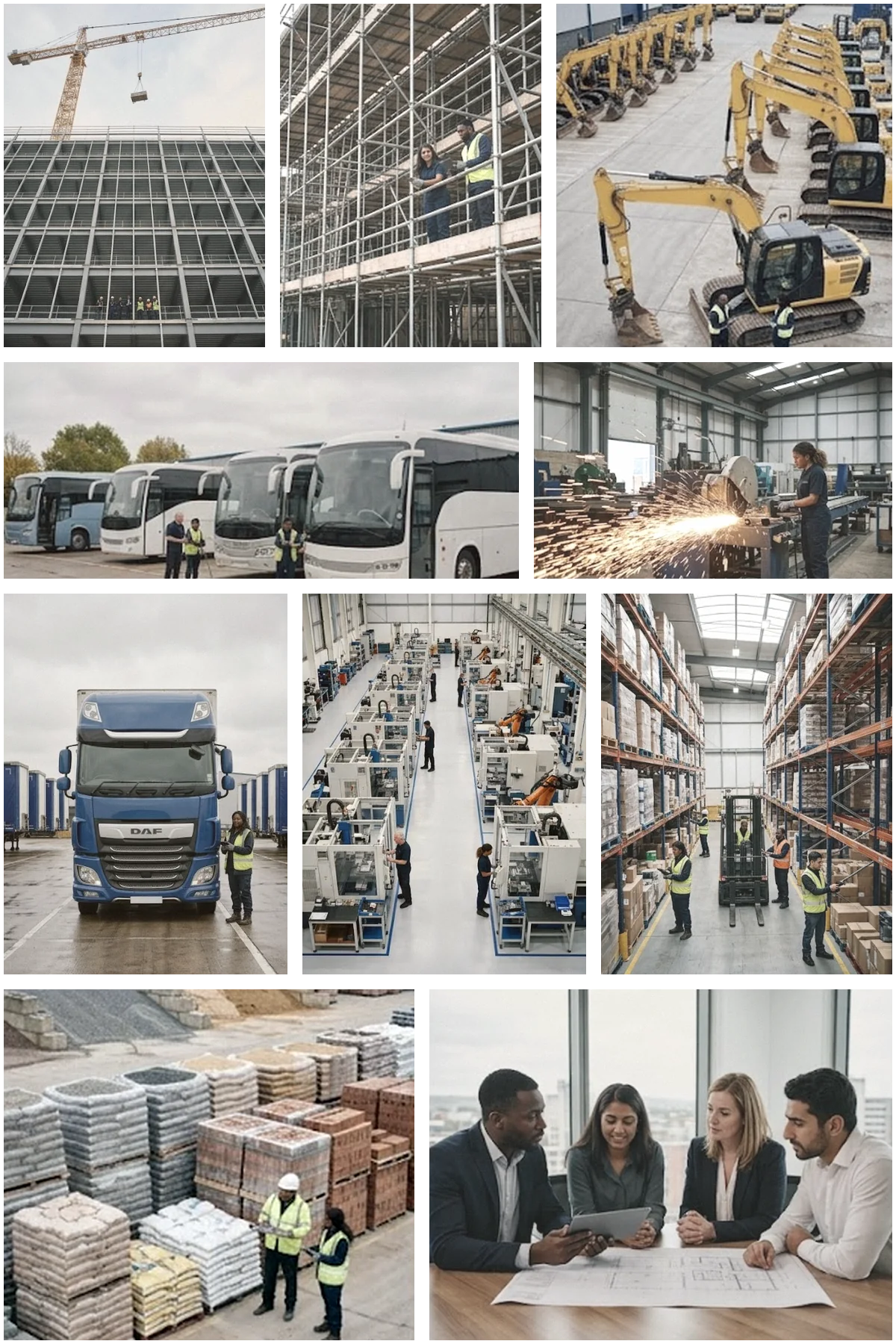 Construction, scaffolding, plant hire, coaches, fabrication, haulage, manufacturing, warehousing and merchant trade