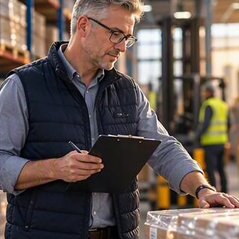 Warehouse manager checking pallets against a list
